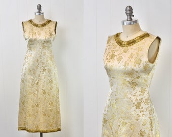 1950s Gold Metallic Floral Brocade Beaded Rhinestone Asian Inspired Dress Gown