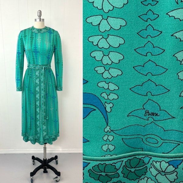 1970s Bessi Green Blue Floral Print Silk Saks Fifth Avenue Maxi Dress Gown Sheer Chiffon Skirt Three Piece Set