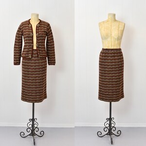 1980s Adolfo Brown Orange Jacket & Skirt Two Piece Suit Set