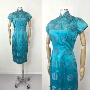 1960s Waltah Clarke Blue Hawaiian Asian Inspired Cheongsam Wiggle Dress