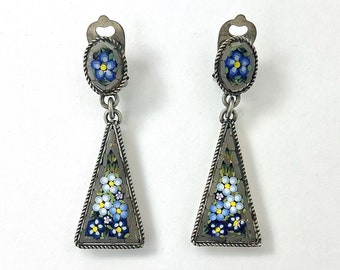 1950s Mosaic Tessera Floral Blue Silver Tone Metal Clip On Earrings Jewelry