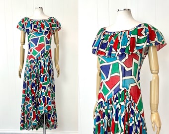 RARE 1980s Yves Saint Laurent Rive Gauche Colorful Geometric Drop Waist Ruffled Dress