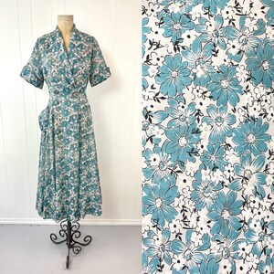 1940s/1950s Blue Floral Print Semi Sheer Wrap House Pinup Mid Century Dress