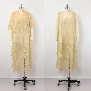 Antique 1920s Lace Cream Sheer Cotton Drop Waist Flapper Dress Bolero Jacket Matching Two Piece Set