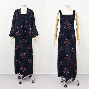 1970s Nucci de Angio Blue Floral Printed Maxi Dress Gown with Chiffon Tie Blouse
