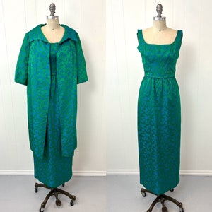 1950s/1960s Floral Brocade Green Blue Gown & Coat Matching Two Piece Set