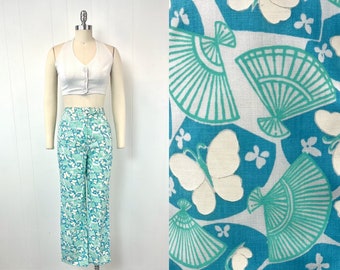1980s Lilly Pulitzer Fan Butterfly Novelty Print Blue Teal Pants Trousers