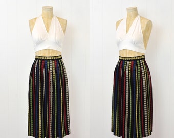 1950s Embroidered Colorful Striped Patterned Pleated Black Youthfully Yours by Kitty Fisher Skirt