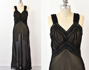 1940s Black Lace Sheer Femme Fatale Vamp Boudoir Lingerie Nightgown Maxi Dress