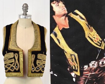 1960s Black Velvet Metallic Gold Embroidered Turkish Mirror Detailing Mens Hippie Jimi Hendrix Style Vest