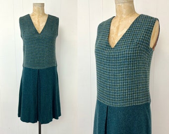 1960s Blue Green Houndstooth Plaid Wool Shift Drop Waist Mod Hand Made Dress