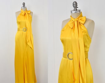 1970s Oscar de la Renta Yellow Bow Rhinestone Belt Party Dress Gown