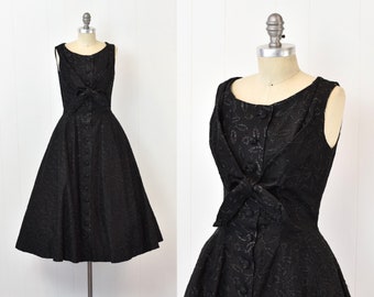 1950s Suzy Perette Black Floral Metallic Embroidered Mid Century Audrey Hepburn Party Pinup Dress
