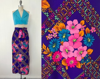 1970s Alex Colman Purple Pink Colorful Floral Flower Power Boho Hippie Maxi Skirt