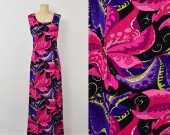 1960s/1970s Butterfly Psychedelic Novelty Print Pink Purple Boho Hippie Hawaiian Maxi Dress Gown