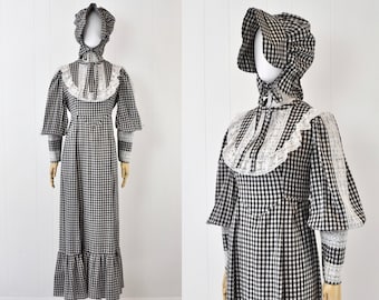 1970s Prairie Black White Gingham Plaid Lace Ruffle Maxi Dress with Matching Bonnet Hat