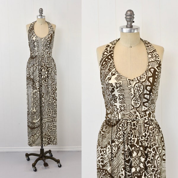 1970s Brown White Atomic Tiki Floral Novelty Print Polyester Halter Maxi Dress Gown