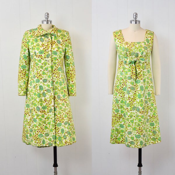 1960s Pauline Trigere Floral Print Psychedelic Colorful Dress Jacket Two Piece Matching Suit Set
