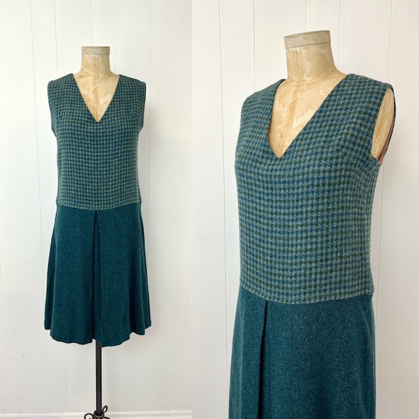 1960s Blue Green Houndstooth Plaid Wool Shift Drop Waist Mod Hand Made Dress
