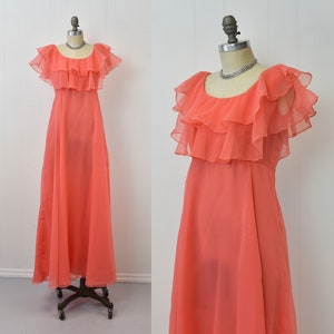 1960s Coral Chiffon Ruffled Party Maxi Dress Gown