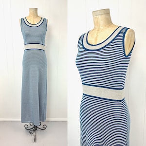 1970s Striped Blue White Metallic Silver Lurex Palena Knitwear Disco Maxi Dress Gown