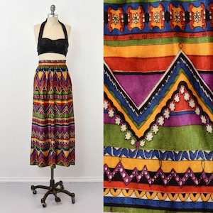 1970s Psychedelic Colorful Floral Chevron Striped Patterned Boho Hippie Maxi Skirt