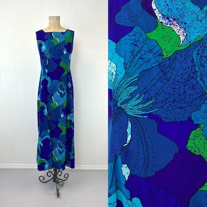 1960s/1970s Hawaiian Floral Purple Blue Green Skirt &#39;n Blouses Specialty Shop Waterfall Back Tiki Maxi Dress Gown
