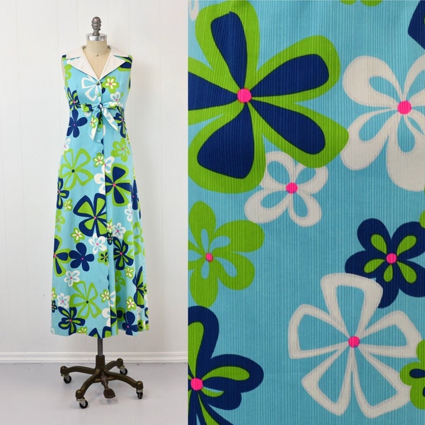 1960s/1970s Hawaiian Floral Flower Power Blue Green Nalii Honolulu Tiki Maxi Dress Gown