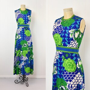 1960s Psychedelic Blue Green Floral Geometric Print Keram New York Silk Maxi Dress Gown