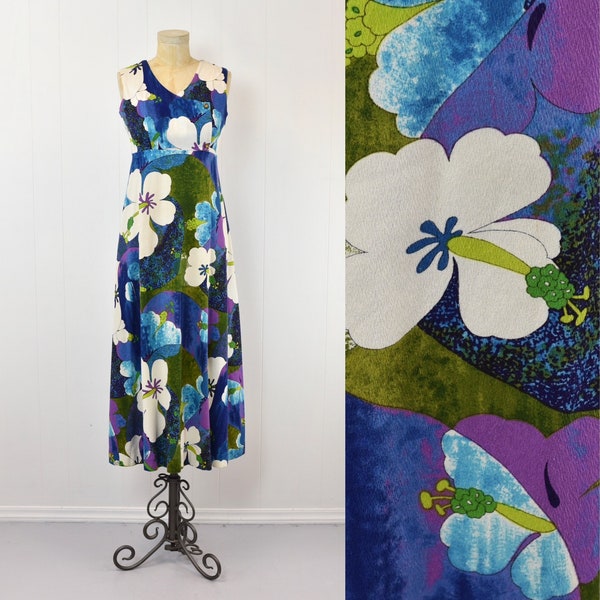 1970s Hawaiian Hukilau Fashions Hibiscus Watercolor Blue Purple Green Cotton Barkcloth Maxi Dress Gown