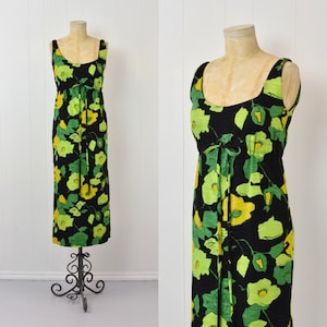 1960s/1970s Floral Green Black Hawaiian Empire Waist Maxi Dress Gown