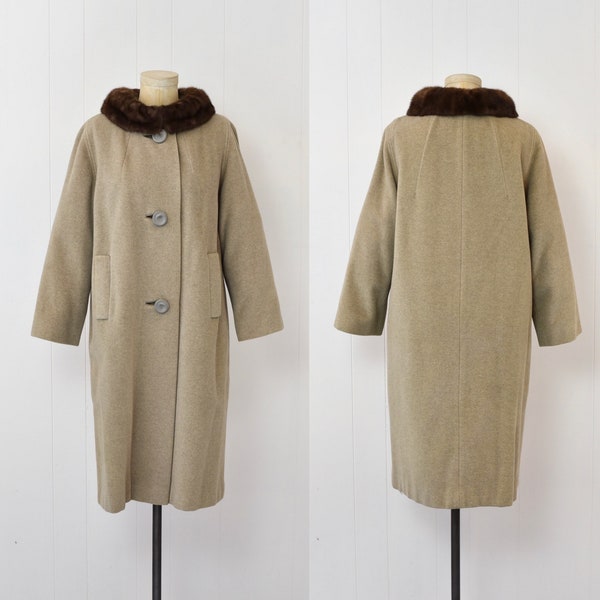1960s Taupe Brown Mink Fur Collar Wool Einiger Winter Coat Jacket