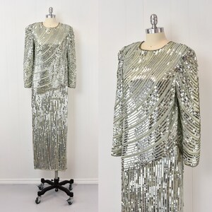 1980s Silver Sequin Beaded Sea Foam Silk Judith Ann Creations Semi Sheer Party Dress Gown