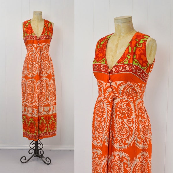 1970s Malihini Hawaii Orange Red Paisley Floral Ethnic Pattern Cotton Maxi Dress Gown
