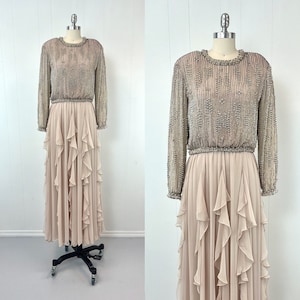 1980s Beige Chiffon Beaded Rhinestone Victoria Royal Ltd Party Maxi Dress Gown