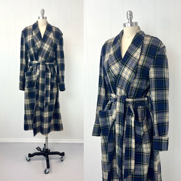 1960s/1970s Plaid Blue Green Abraham & Straus Wool Robe Bathrobe Pajamas Loungewear