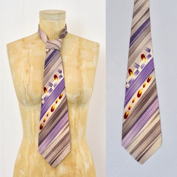 1940s Renaar California Hand Painted Purple Gray Mid Century Rockabilly Mens Swing Tie Necktie