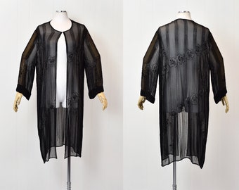 RARE 1920s Beaded Black Silk Chiffon Flapper Duster Jacket