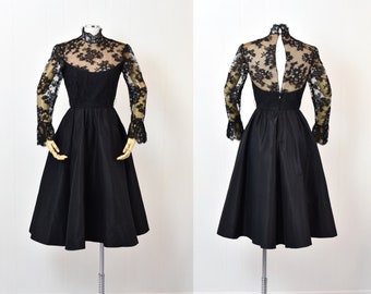 1990s Oscar de la Renta Black Lace Illusion Dress