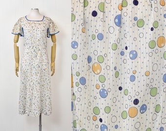 1930s Bubble Polka Dot Novelty Print Blue Flapper Art Deco Sheer Cotton Dress