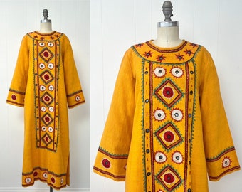 1960s/1970s Goldenrod Embroidered Mirror Made in India Boho Hippie Cotton Dress