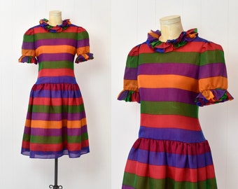 1980s Bill Blass Rainbow Striped Organza Drop Waist Ruffle Puff Sleeve Dress