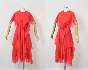 1970s Coral Chiffon Flutter Sleeve Party Dress