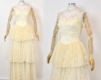 1950s Tulle Lace Sequin Wedding Bridal Cupcake Dress Gown Ivory Off White