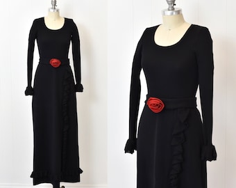 1980s I. Magnin Black Wool Fitted Ruffle Maxi Dress Gown with Red Flower Belt