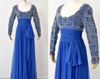 1970s/1980s Victoria Royal Ltd Blue Beaded Rhinestone Chiffon Gown