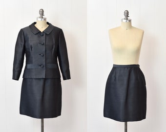 1960s Betsy Bates Steel Blue Gray Two Piece Jacket & Skirt Suit Set
