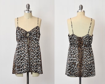 1970s Vanity Fair Leopard Print Nylon Boudoir Lingerie Babydoll Nightie Tank Top