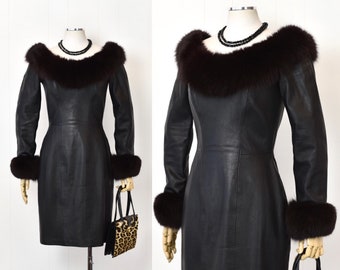 1980s North Beach Leather Michael Hoban Black Leather & Fox Fur Trim Wiggle Bombshell Pencil Dress