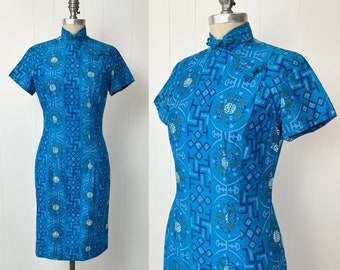 1960s Paradise Hawaii Blue Asian Inspired Floral Cheongsam Dress